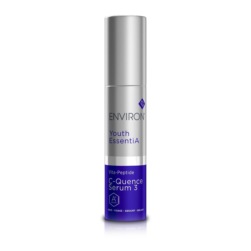 Environ Youth EssentiA C-Quence Serum 3 bottle on a white background, anti-aging vitamin A face serum