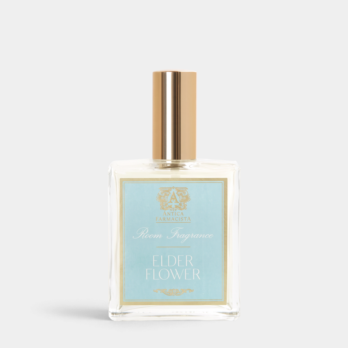 Shop Rescue Spa Elderflower Room Spray in a clear glass bottle with a light blue label and gold metallic cap.