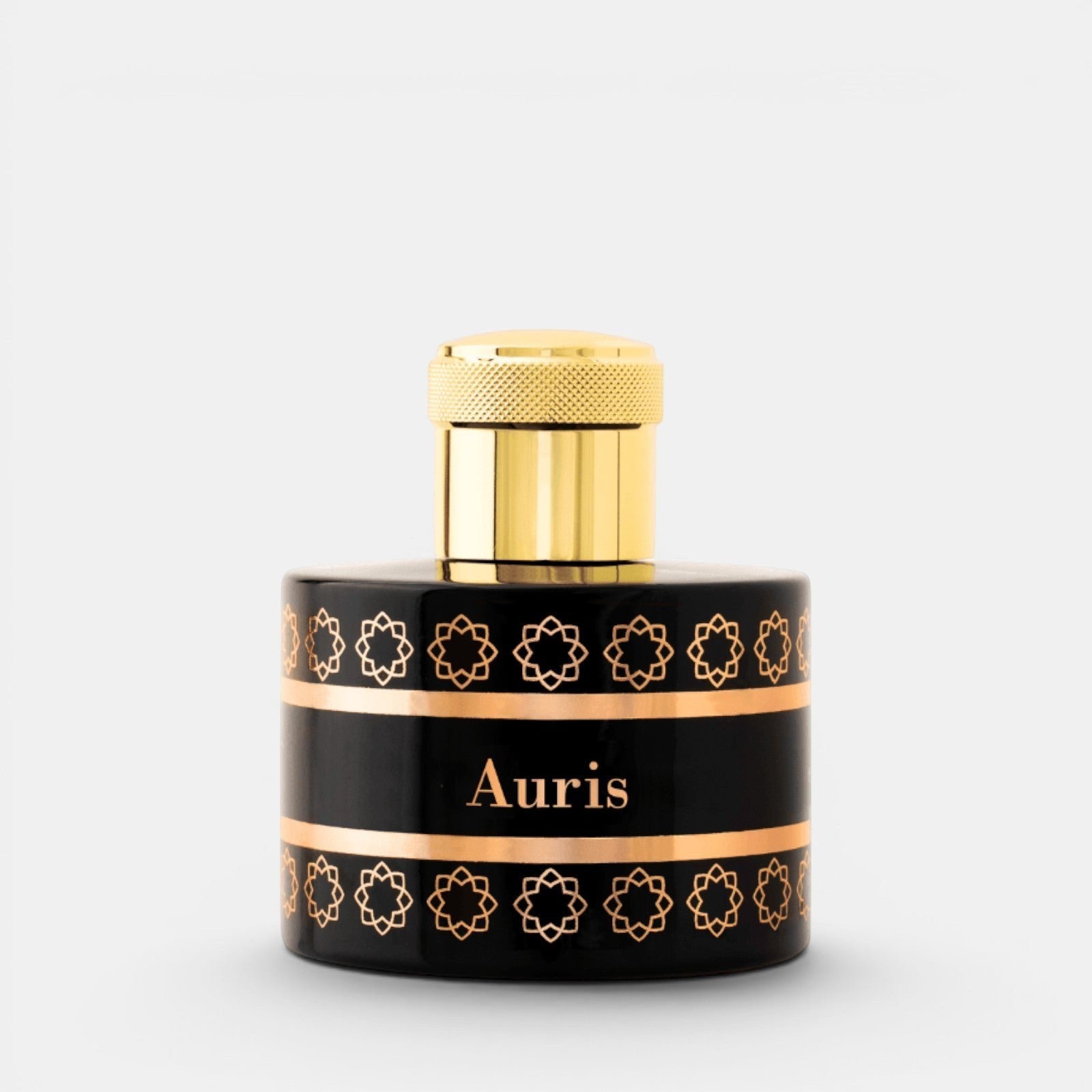 A luxury cylindrical perfume bottle with a glossy black body, featuring a gold cap, gold geometric patterns, and a central black band with the name &