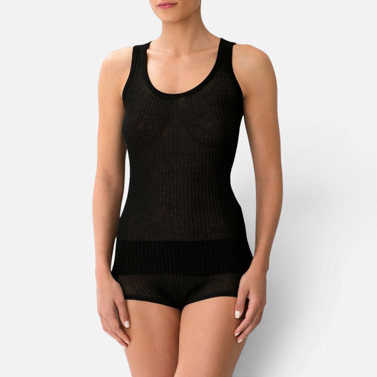 Shop Rescue Spa black Richelieu rib cotton tank top worn by a model, featuring a classic scoop neck design.