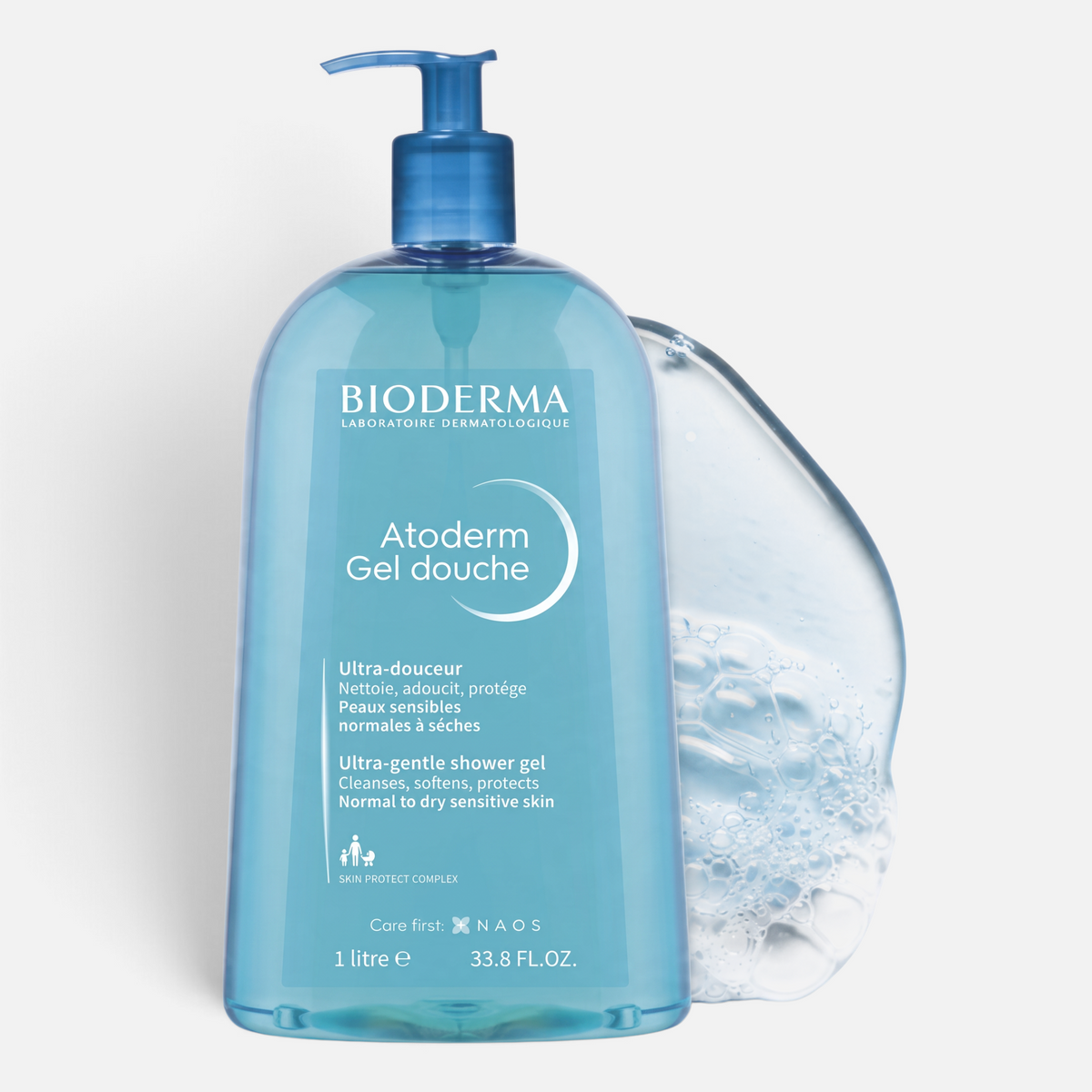 Shop Rescue Spa Bioderma Atoderm Shower Gel 1L bottle for dry sensitive skin with a splash of clear cleansing gel