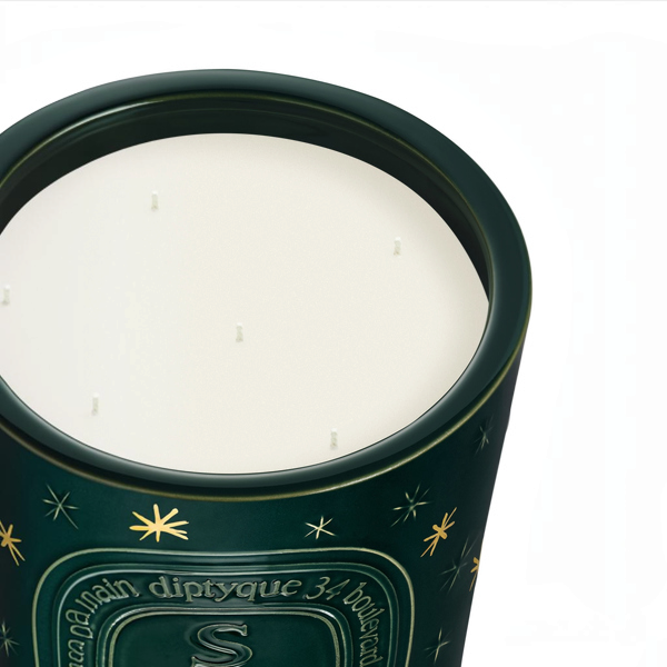 Shop Rescue Spa Diptyque Sapin holiday candle in a dark green vessel with gold star accents and white wax