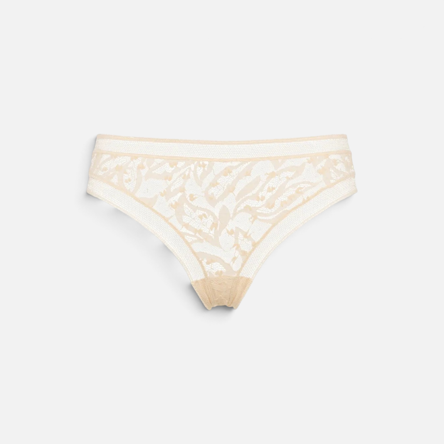 Shop Rescue Spa Pistil beige stretch Leavers lace tanga with delicate lace trim at the waist and leg openings.