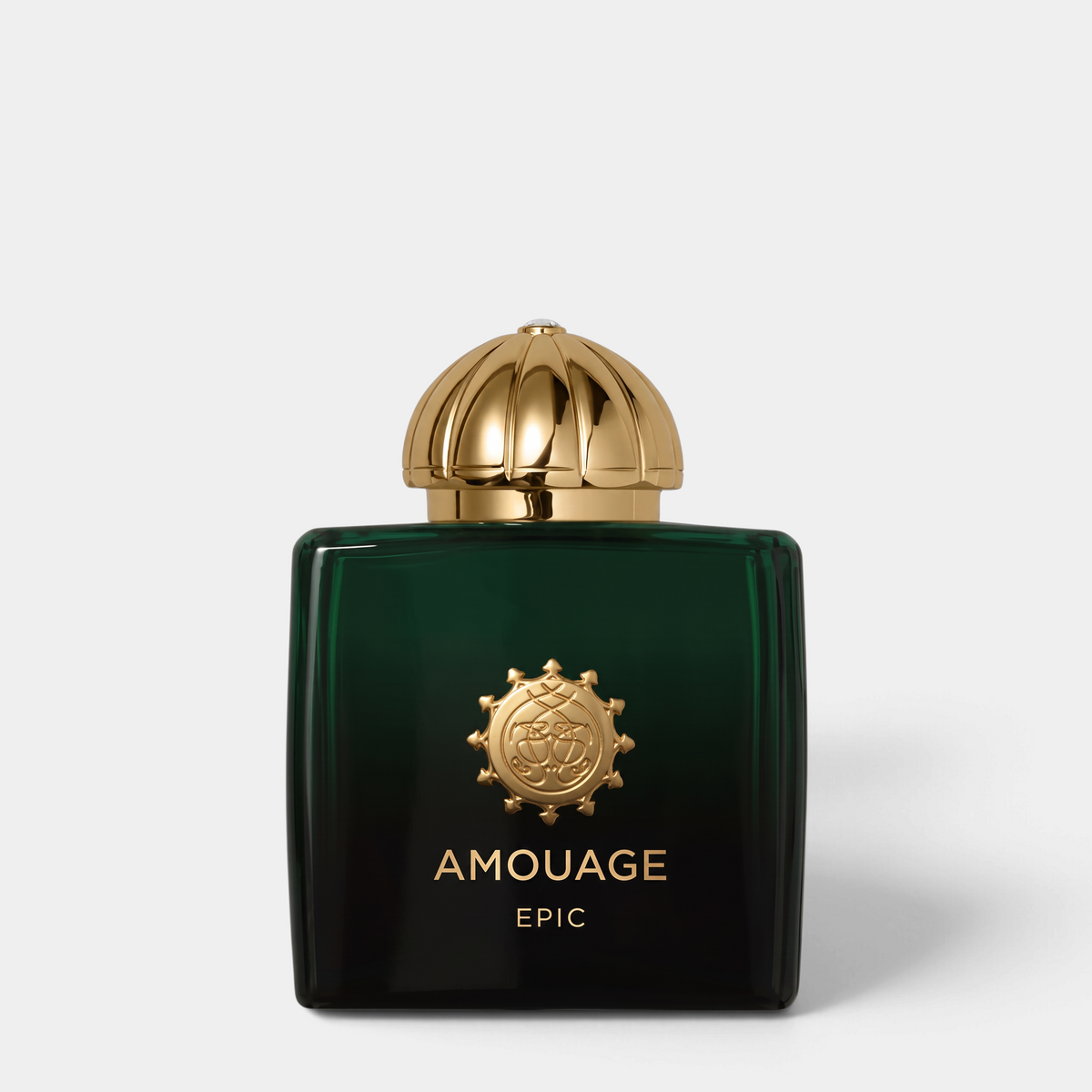 Shop Rescue Spa Amouage Epic Woman amber spicy perfume in a deep green glass bottle with a gold dome cap