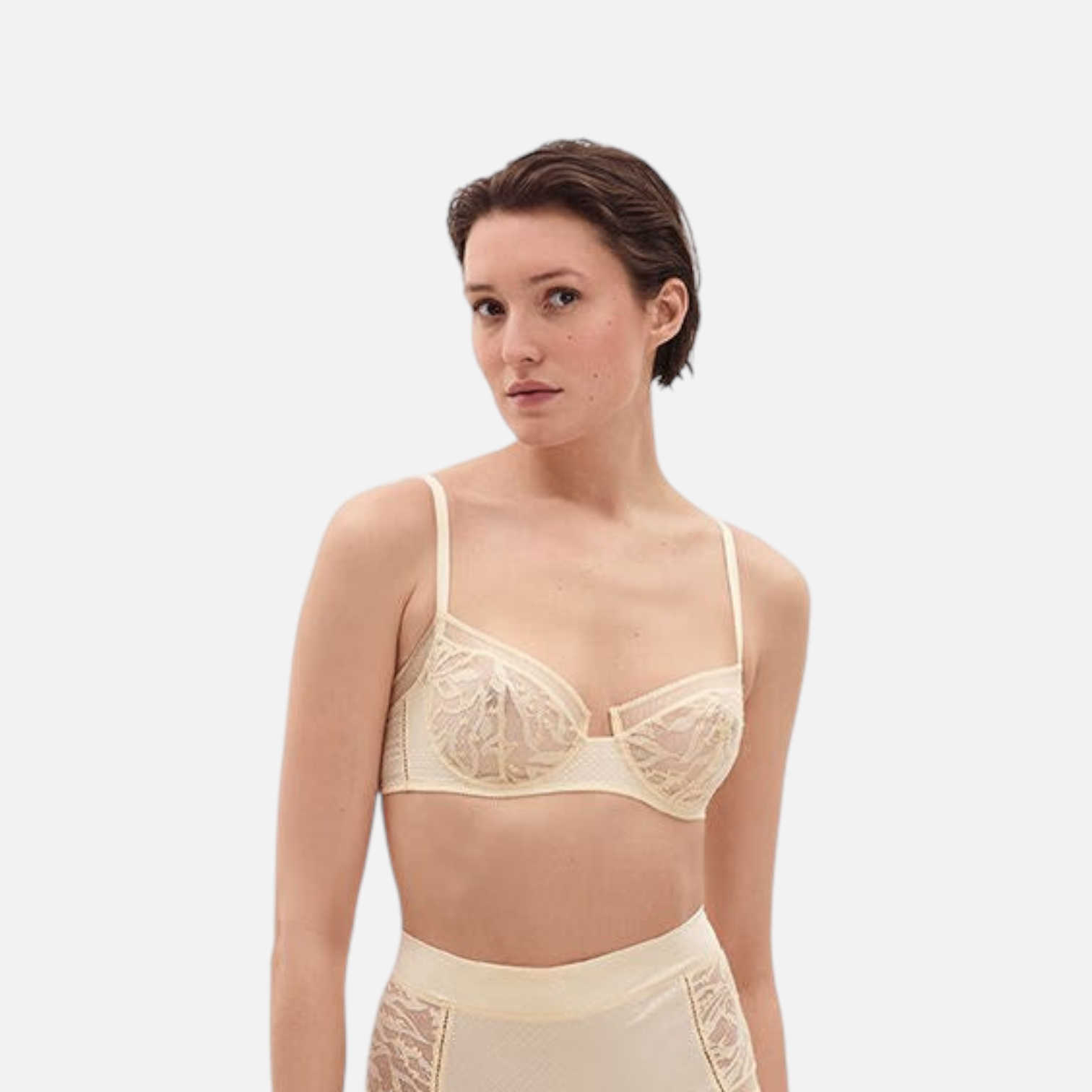 Shop Rescue Spa Pampille balconette bra and high-waisted briefs set in cream Leavers lace and stretch jacquard