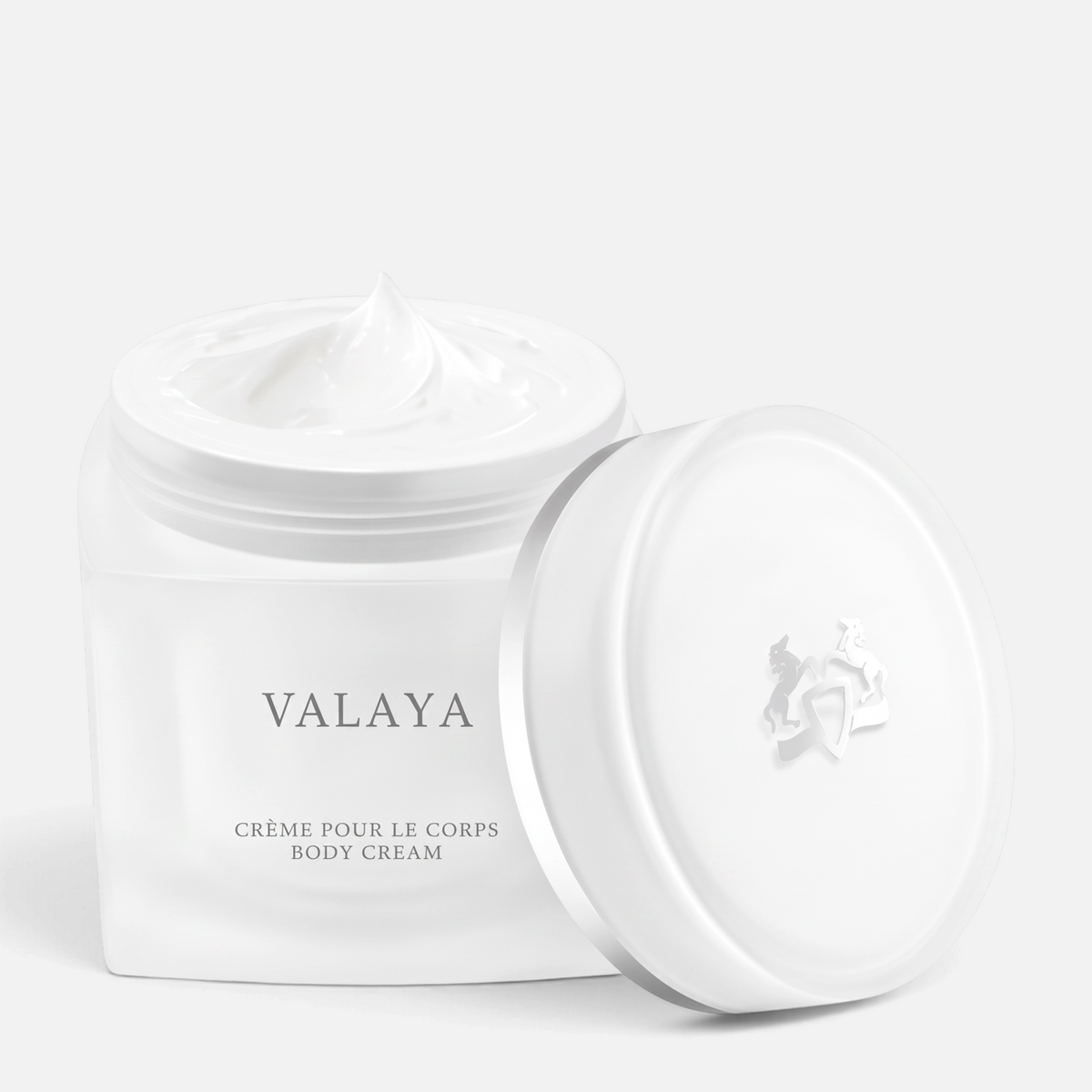 Shop Rescue Spa Valaya body cream in a white frosted glass jar with a matching lid, featuring a rich white texture.
