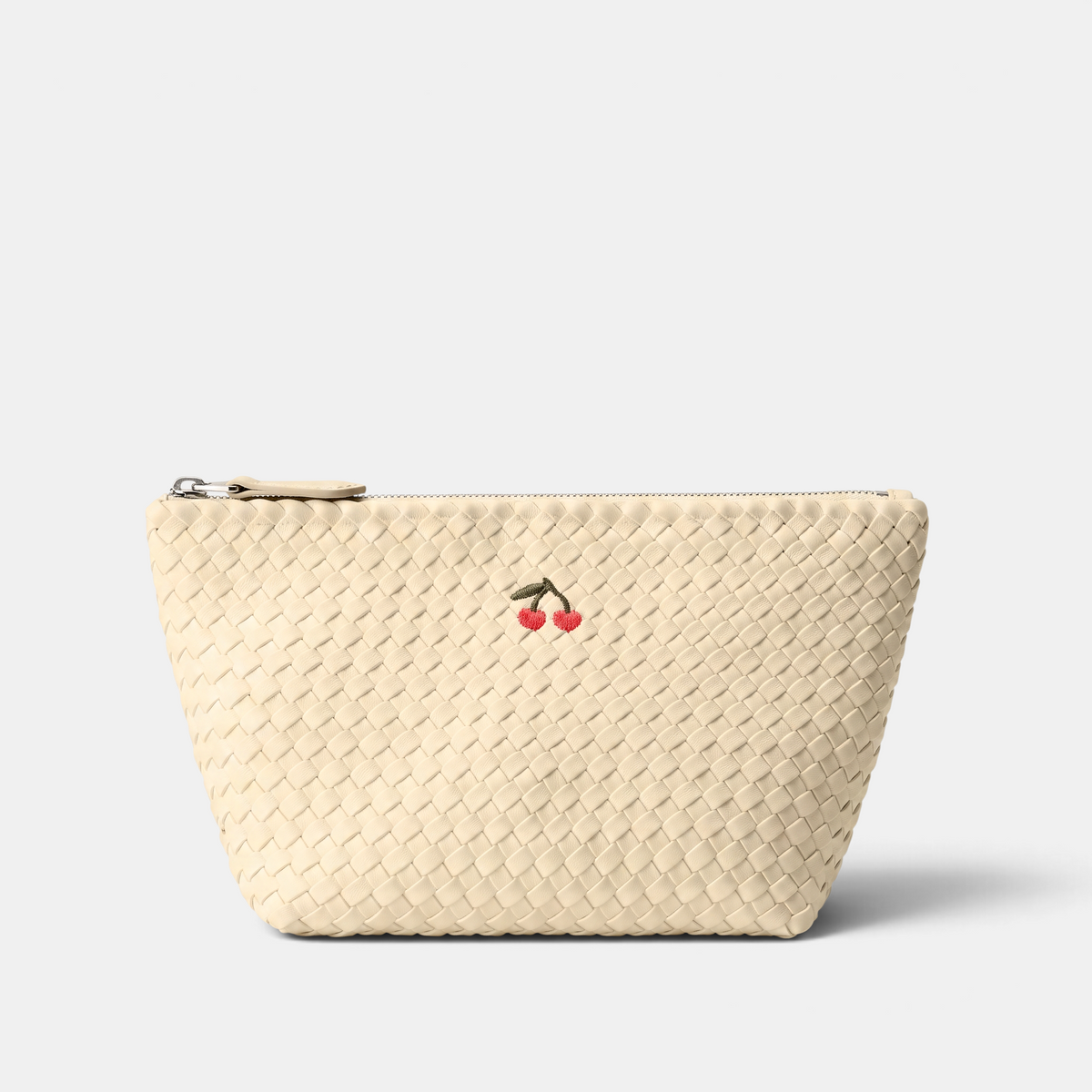Shop Rescue Spa Portofino large bone-white handwoven neoprene cosmetic pouch with an embroidered cherry motif.