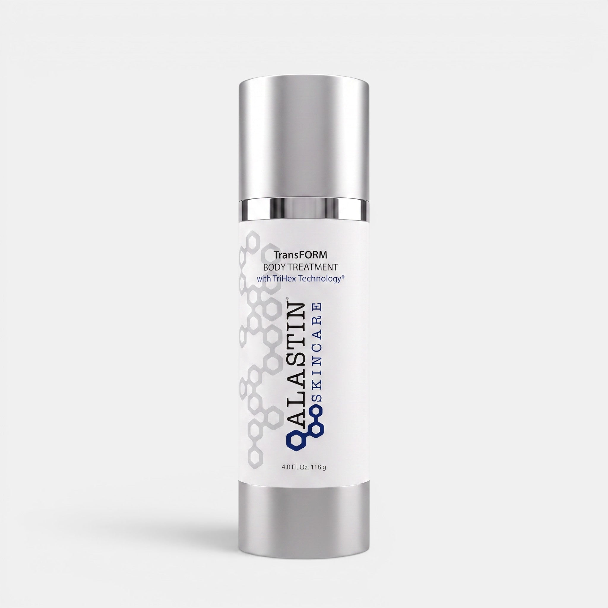 A 4.65 oz (130 g) bottle of Allastin Bodycare TransFORM Body Treatment, featuring a white label with blue and gray text and graphics, and a metallic silver cap, set against a light gray background.
