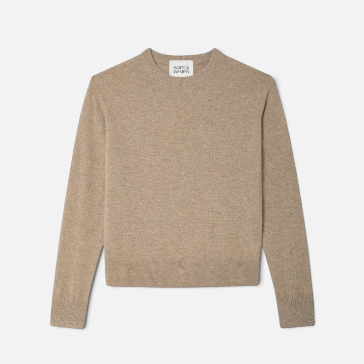 Shop Rescue Spa beige pure cashmere crewneck sweater with ribbed trims and a relaxed fit.