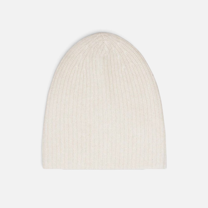 Shop Rescue Spa cream cashmere ribbed beanie with a soft, double-layer knit texture for warmth.