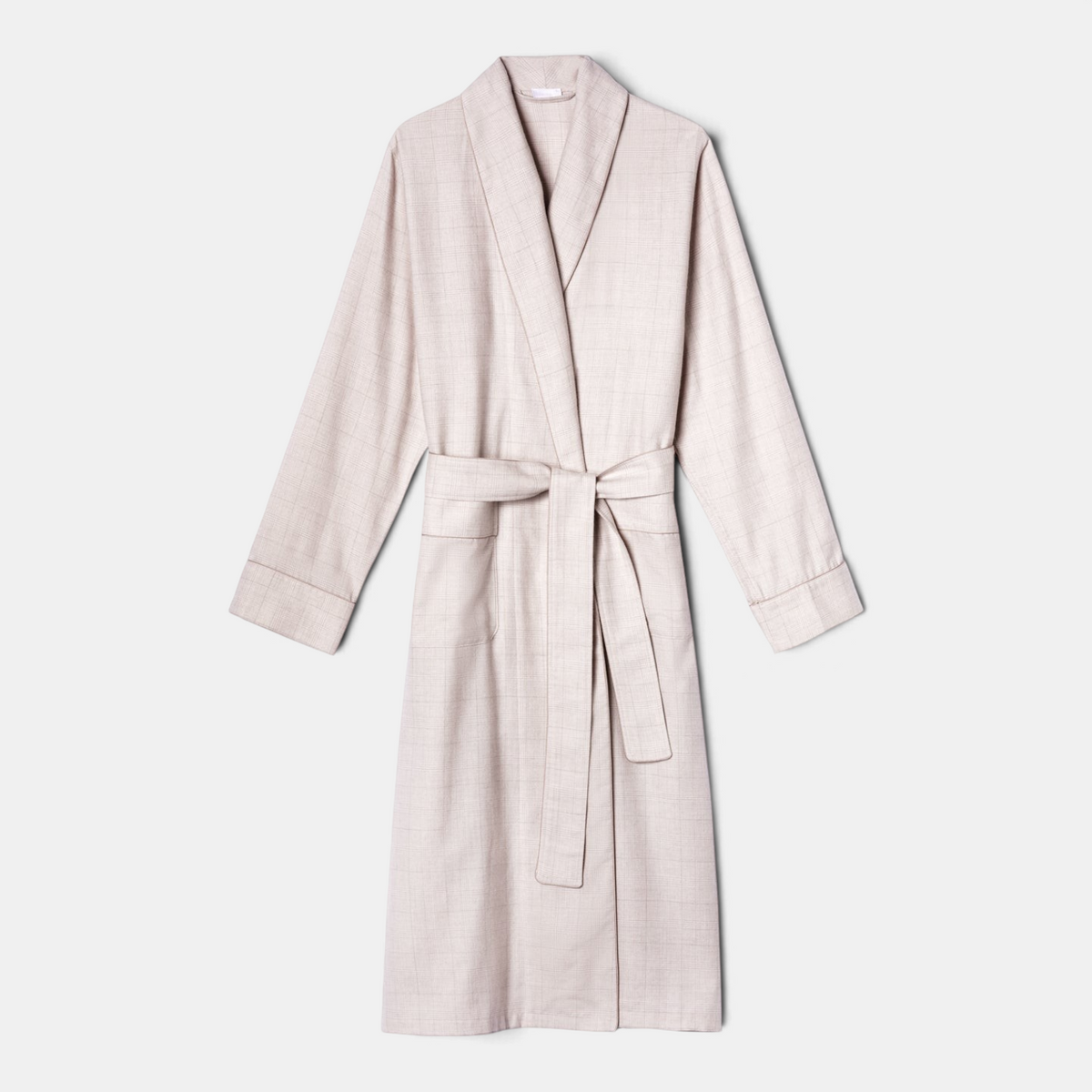 Shop Rescue Spa long pink check flannel robe with shawl collar, tie belt, and front pockets in soft cotton wool blend.