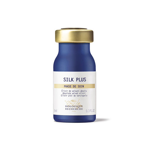 Blue Biologique Recherche Silk Plus bottle with gold cap on a white background. Mattifying & Soothing Serum for Sensitive, Oily Skin. Size 0.3 fl.oz