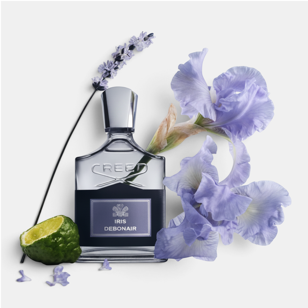 Shop Rescue Spa Iris Debonair eau de parfum bottle surrounded by fresh lavender, iris flowers, and a halved bergamot.