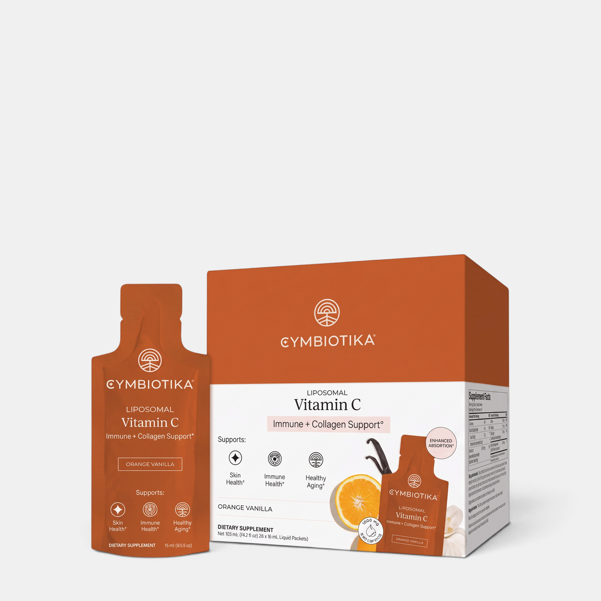 Shop Rescue Spa Cymbiotika liposomal vitamin C orange vanilla supplement box and liquid packet for immune support