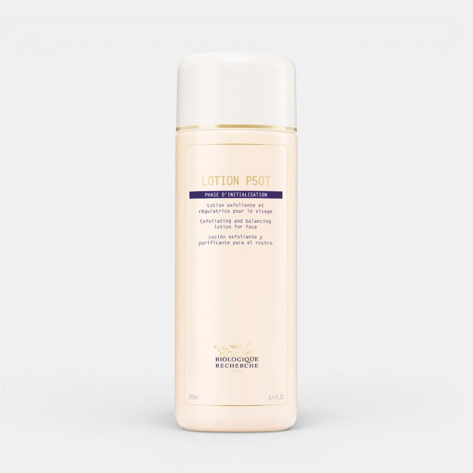 Biologique Recherche Lotion P50T positioned upright with a white background in a cylindrical bottle. Exfoliating and balancing lotion for face.