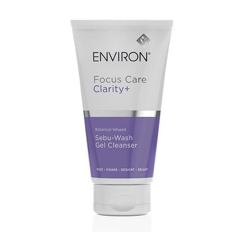 Environ Focus Care Clarity+ Sebu-Wash Gel Cleanser tube on a white background, foaming gel cleanser for Oily & Acne-Prone Skin