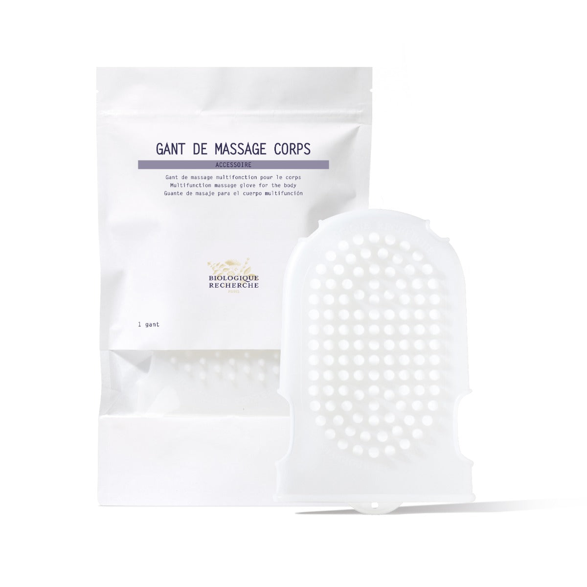White Biologique Recherche Body massage glove Gant de Massage Corps with packaging on a white background