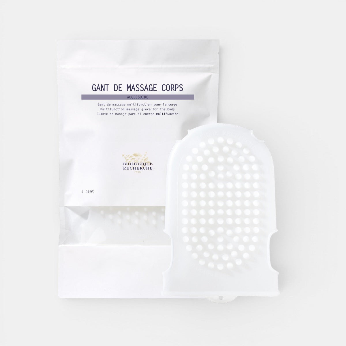 White Biologique Recherche Body massage glove Gant de Massage Corps with packaging on a white background
