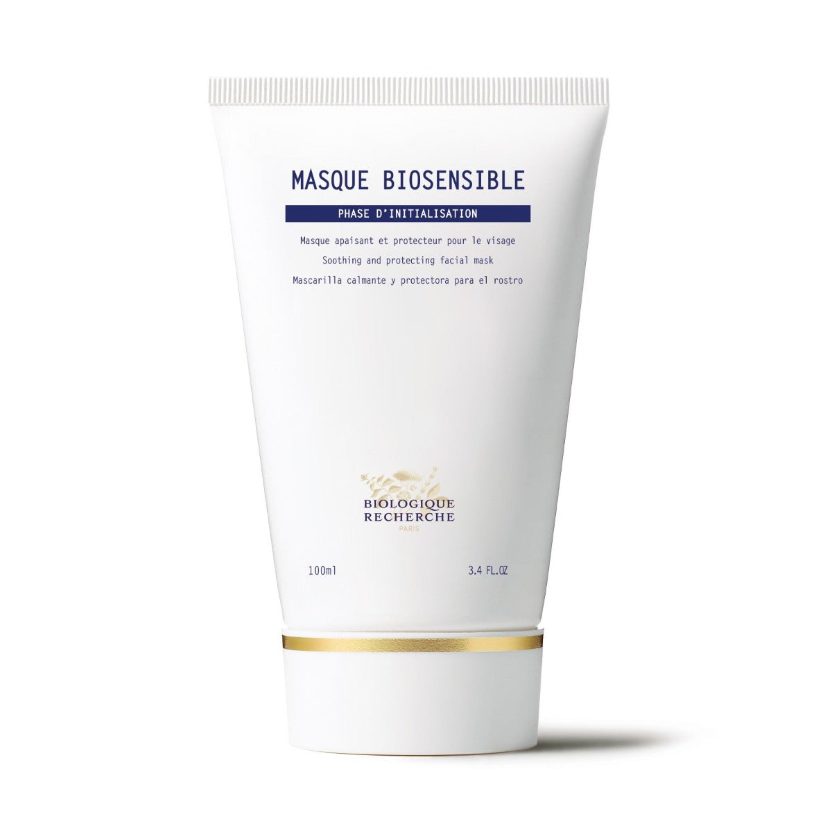 Biologique Recherche Masque Biosensible in a white squeezable tube with a gold cap, labeled with the Biologique Recherche logo in black and blue text, displayed upright on a white background. A soothing and moisturizing face mask formulated for sensitive and irritated skin.