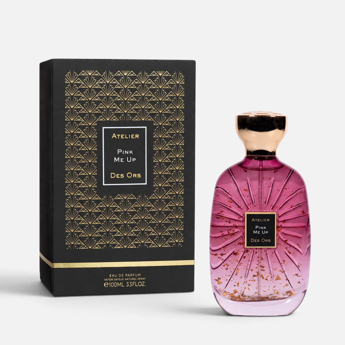 Shop Rescue Spa Atelier Des Ors Pink Me Up perfume bottle with gold flakes and matching black art deco gift box