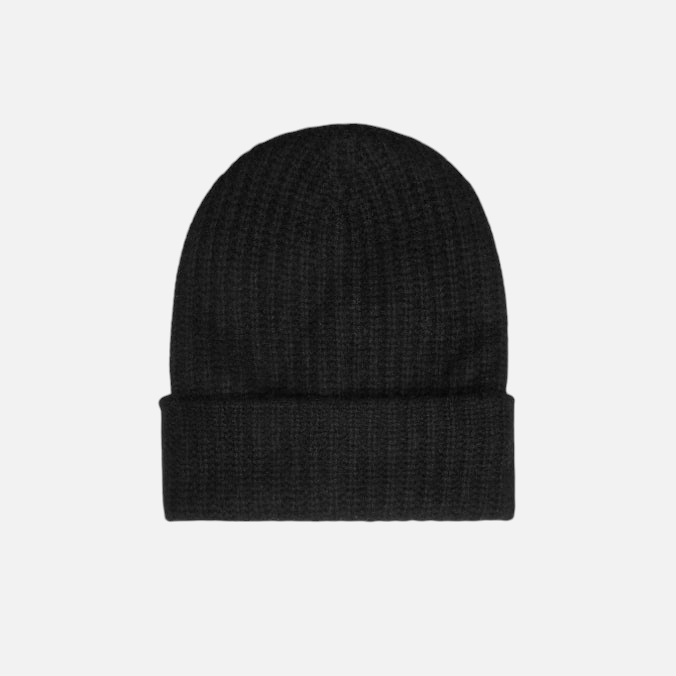 Shop Rescue Spa black ribbed cashmere beanie with a wide fold-over brim for a snug winter fit.