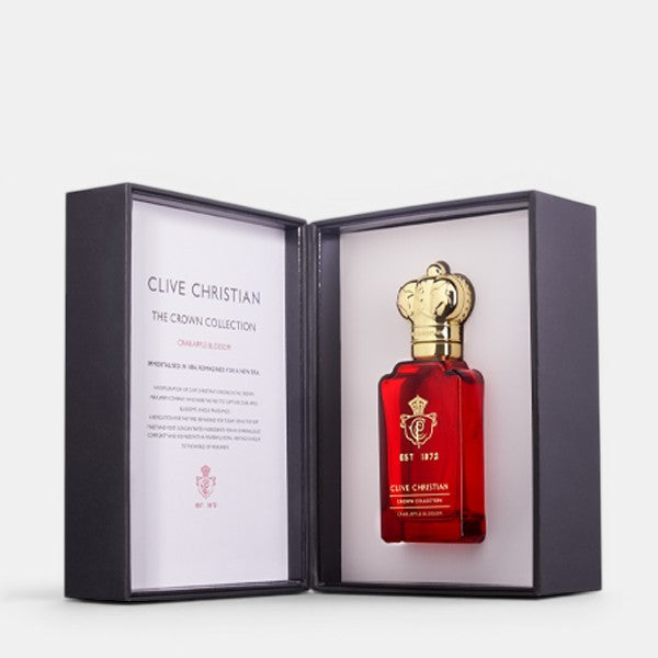 Open presentation box of Clive Christian Crab Apple Blossom Parfum on a clean background, showing interior packaging and housed perfume bottle.