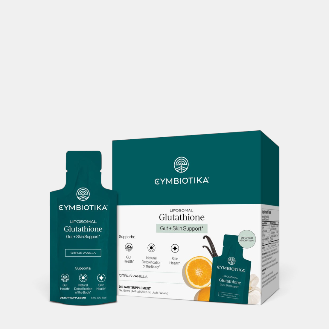 Shop Rescue Spa Cymbiotika Liposomal Glutathione Citrus Vanilla supplement box and liquid packet with orange slice.