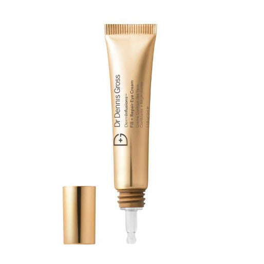 Dr. Dennis Gross DermInfusions Fill + Repair Eye Cream with Hyaluronic Acid positioned upright with a white background. Best for dark circles, sunken eyes, and wrinkles.