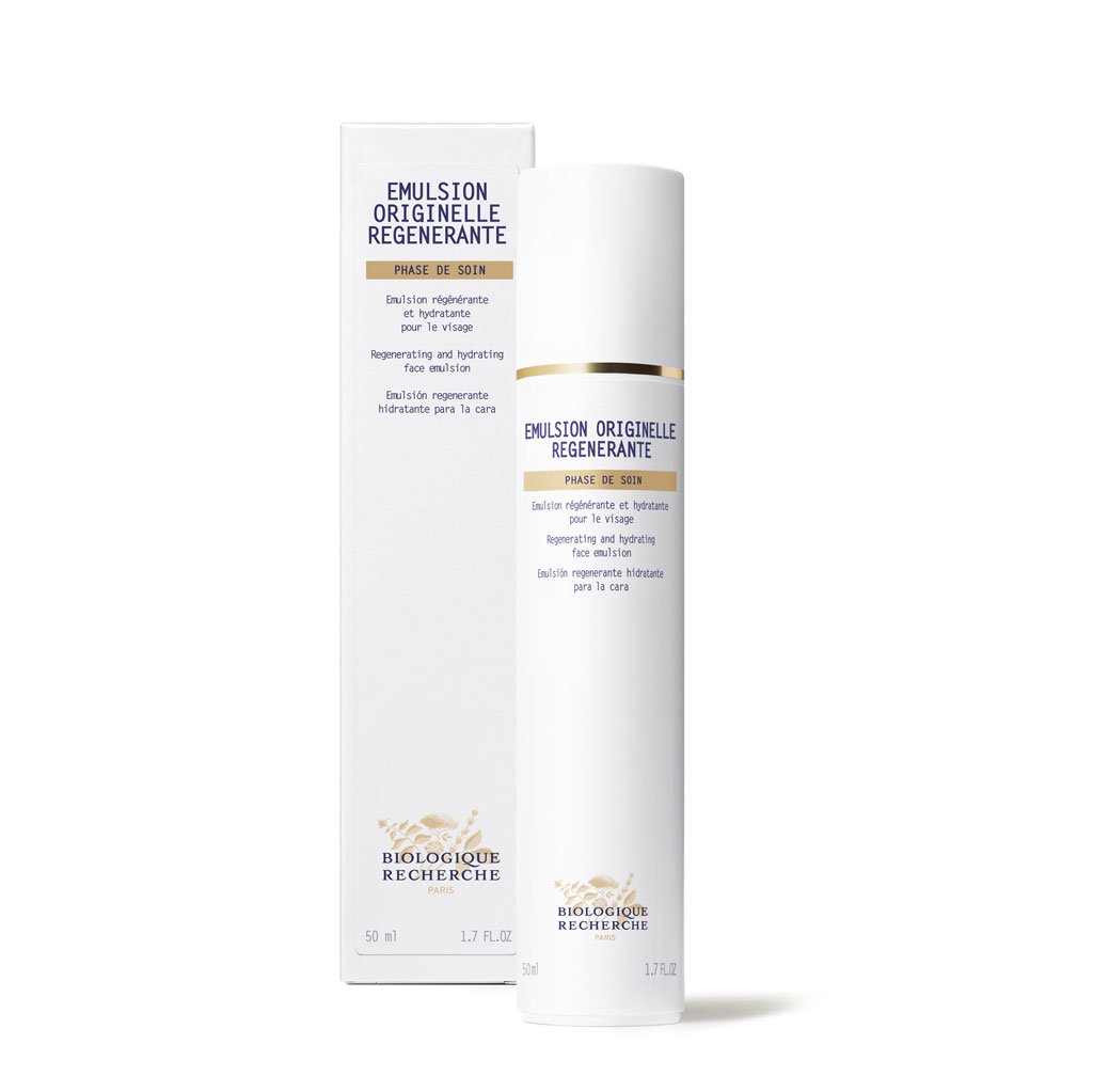 White tube of Biologique Recherche Emulsion Originelle Régénérante face cream standing upright on a white background.