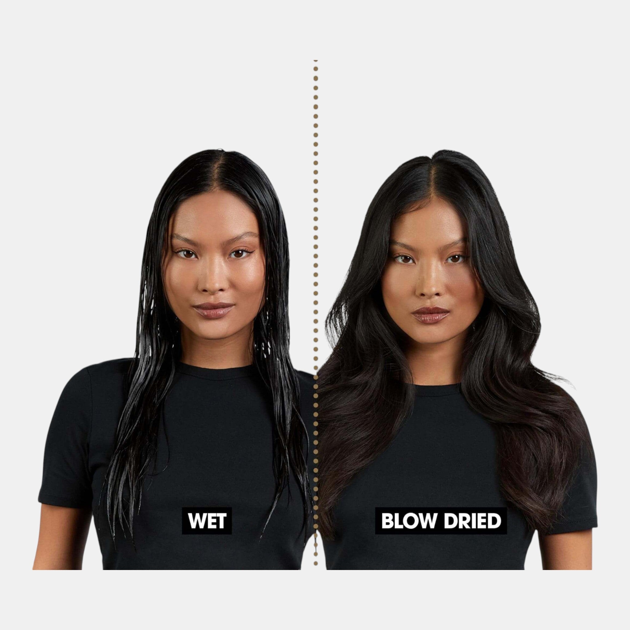 ghd Duet Blowdry hair dryer brush showing a model with wet hair versus a smooth, voluminous blowout.