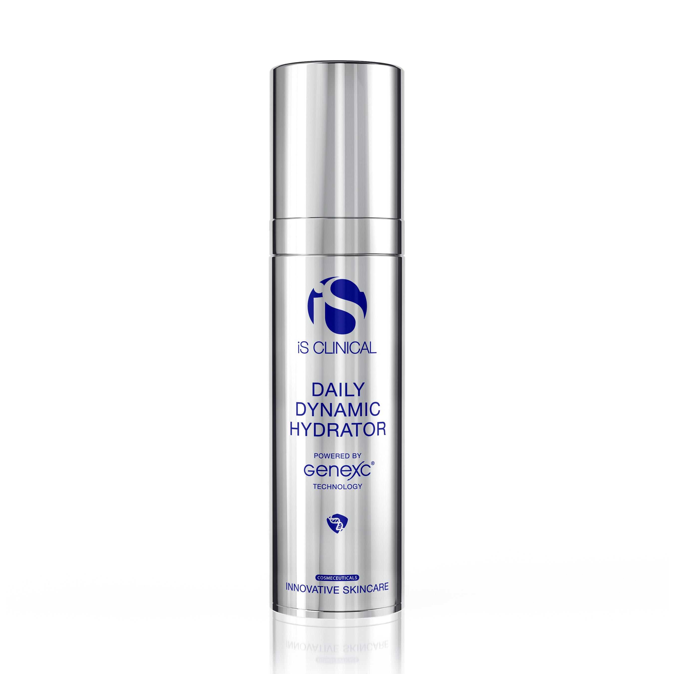 IS Clinical daily dynamic hydrator positioned upright in a cylindrical bottle with a reflection on the bottom. Formula to prevent aging and defend environmental stressors.