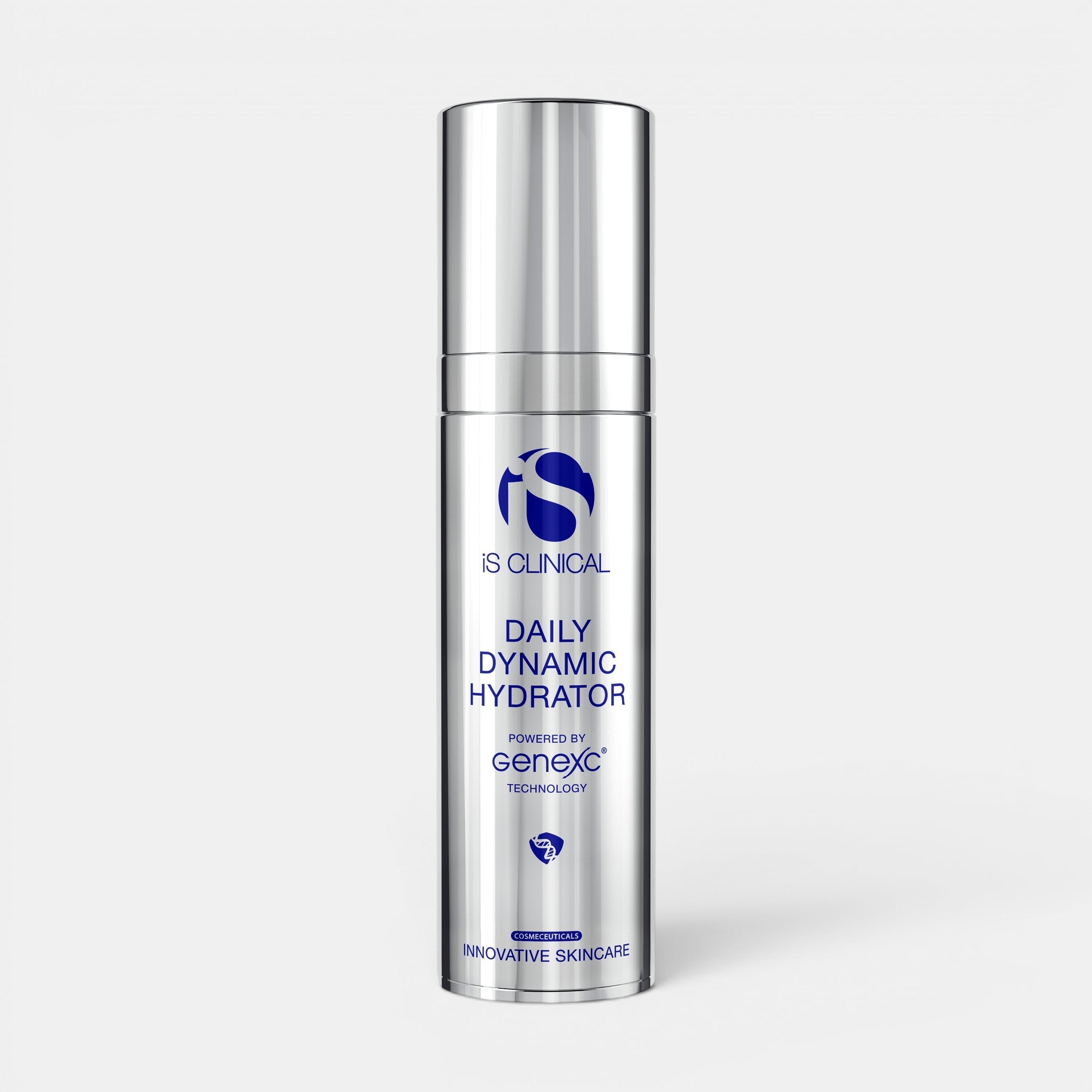 IS Clinical daily dynamic hydrator positioned upright in a cylindrical bottle with a reflection on the bottom. Formula to prevent aging and defend environmental stressors.