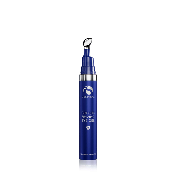 Unboxed product photo of iS Clinical Genexc Firming Eye Gel with cap removed, centered on a white background, showing open container.