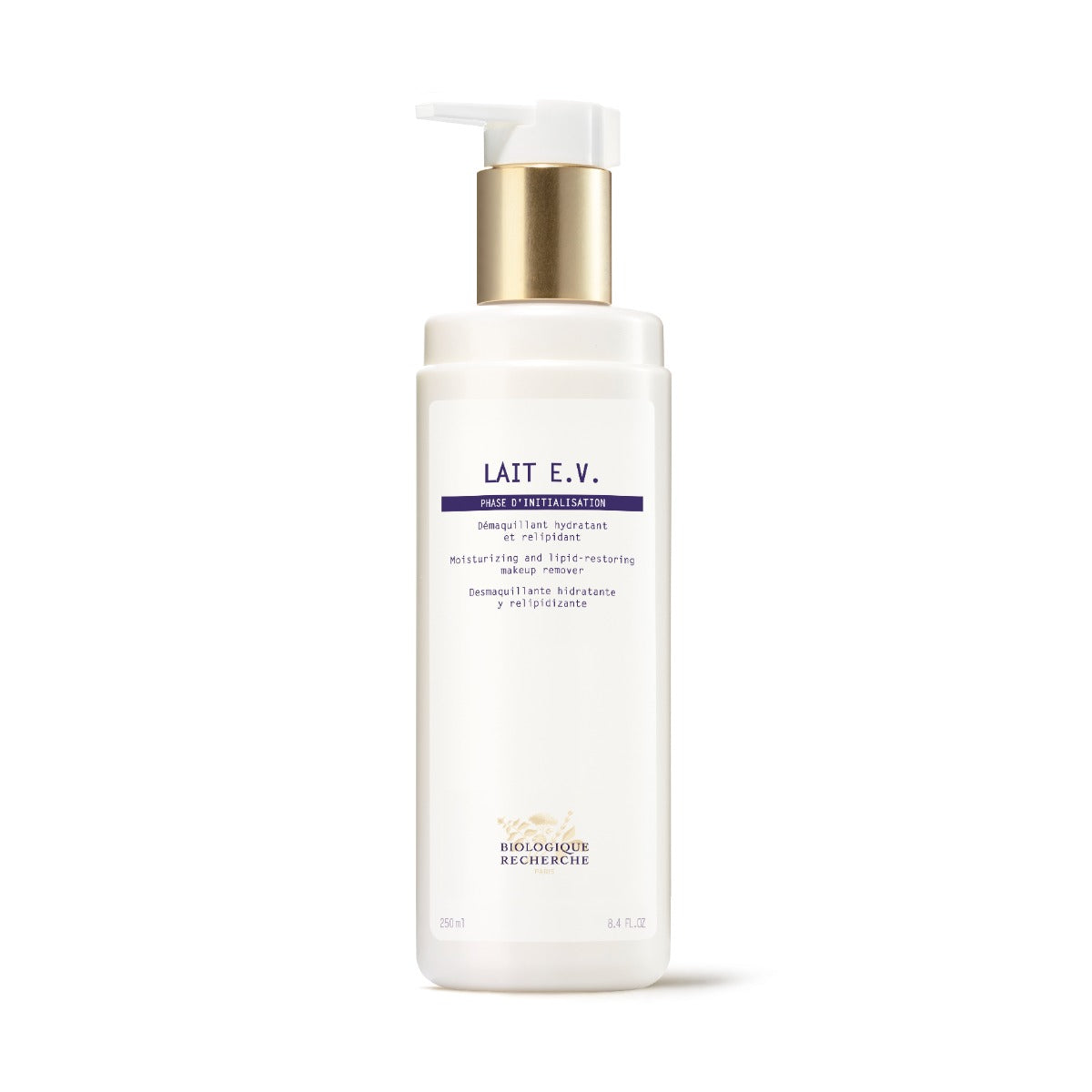 Biologique Recherche Lait Embryonnaire Visage 8.4 fl.oz bottle displayed upright on a white background. The white bottle features a blue and gold label, representing a deeply hydrating and soothing cleansing milk designed for dehydrated and devitalized skin