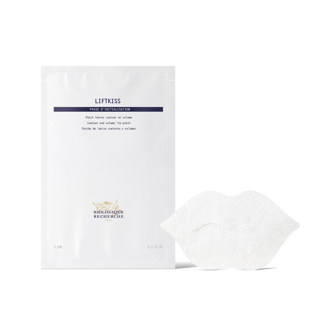 Biologique Recherche Liftkiss lip mask shown in its sleek, minimalist packaging on a white background. The single-use biocellulose mask is designed to hydrate, plump, and smooth the lips and surrounding contour. Ideal for dry, aging, or volume-depleted lips