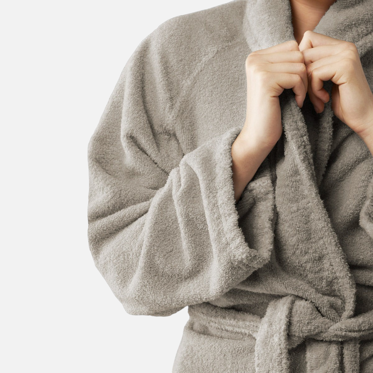 Shop Rescue Spa Linge Robe in Mastice, a soft and dense linen terry blend bathrobe in a warm grey tone.