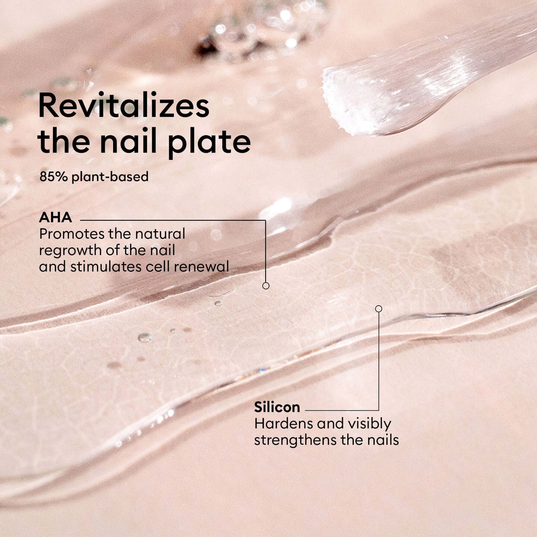 Close-up of a clear nail treatment gel swirled on pale pink nail plate with text reading &