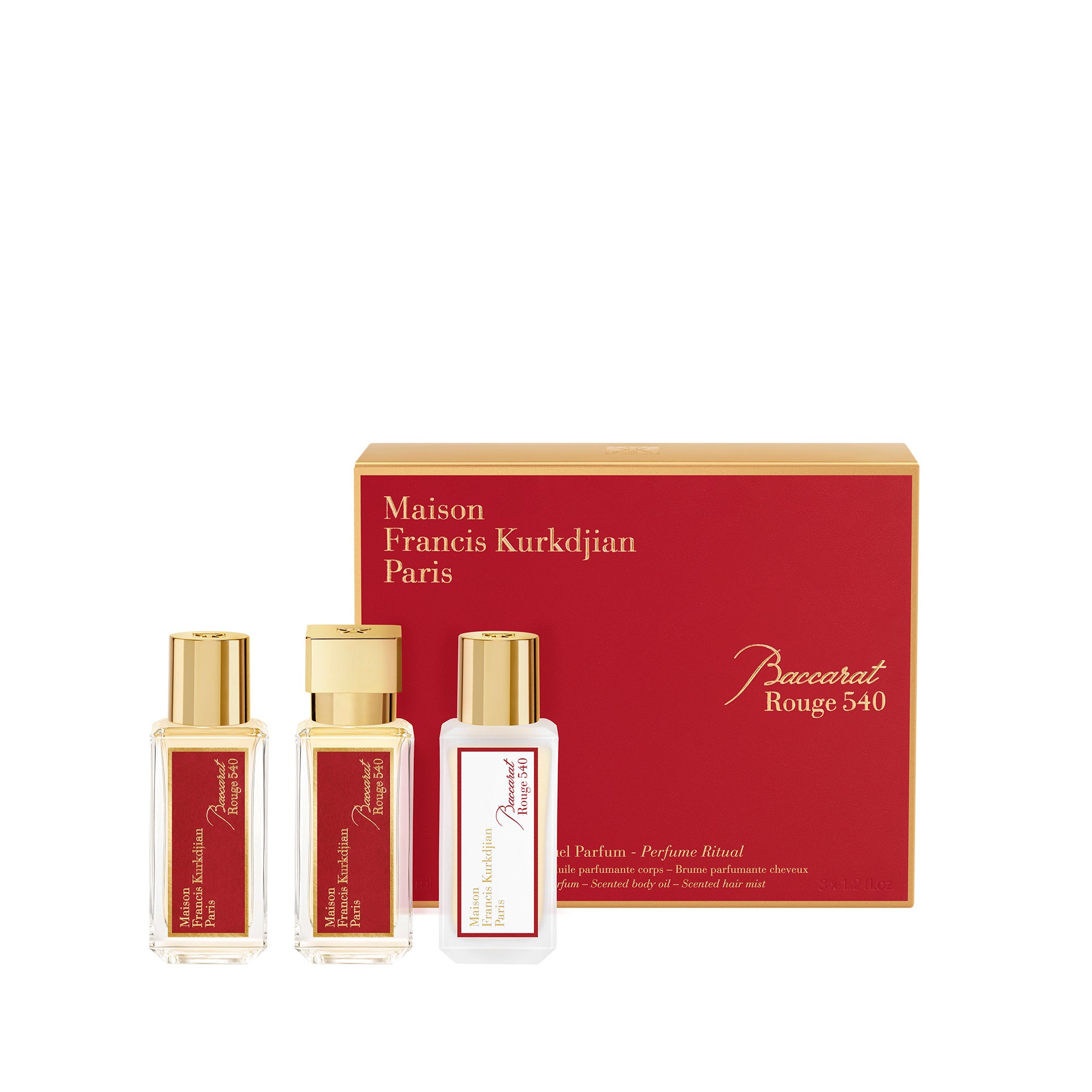 Maison Francis Kurkdjian Paris Baccarat
Rouge 540 Fragrance ritual set positioned upright, displaying three included products with a white background