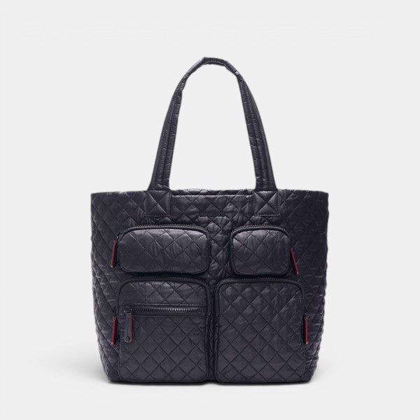 Black quilted tote bag with red accents on a white background