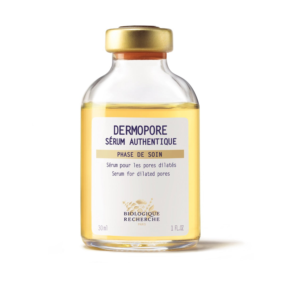 Glass bottle of Biologique Recherche Serum Dermopore, size 1.0 fl.oz, with a gold cap and white label featuring blue text, displayed upright on a clean white background. A pore-tightening and oil-regulating serum designed to refine skin texture and reduce shine.