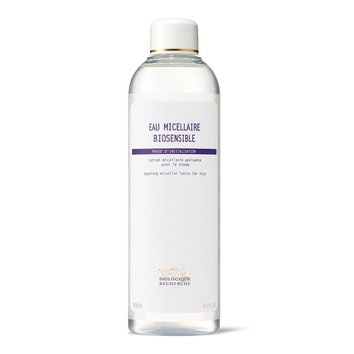 Biologique Recherche Eau Micellaire Biosensible bottle with soft, minimalist packaging, ideal for sensitive skin makeup removal.