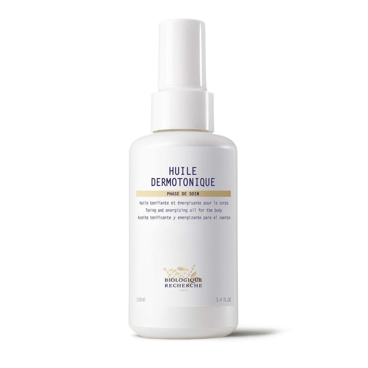 White bottle of Biologique Recherche Huile Dermotonique on a white background. Designed to tone skin, reduce cellulite, and improve firmness.