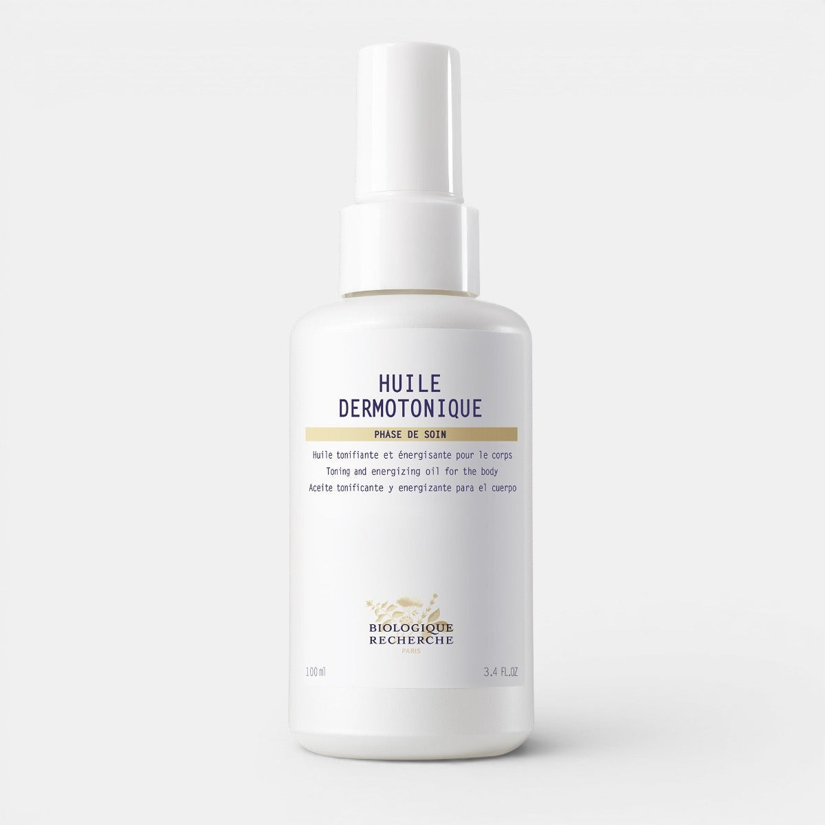 White bottle of Biologique Recherche Huile Dermotonique on a white background. Designed to tone skin, reduce cellulite, and improve firmness.