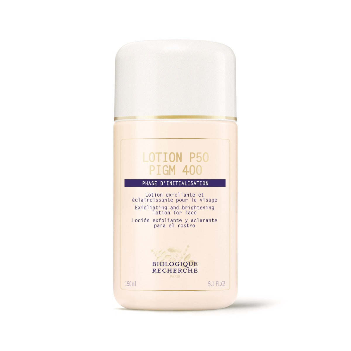 Biologique Recherche Lotion P50 PIGM 400 in 5.1 fl.oz size, featuring a white bottle with a blue and gold label, standing upright on a white background. This exfoliating and brightening toner is formulated to reduce dark spots, even out skin tone, and enhance radiance.