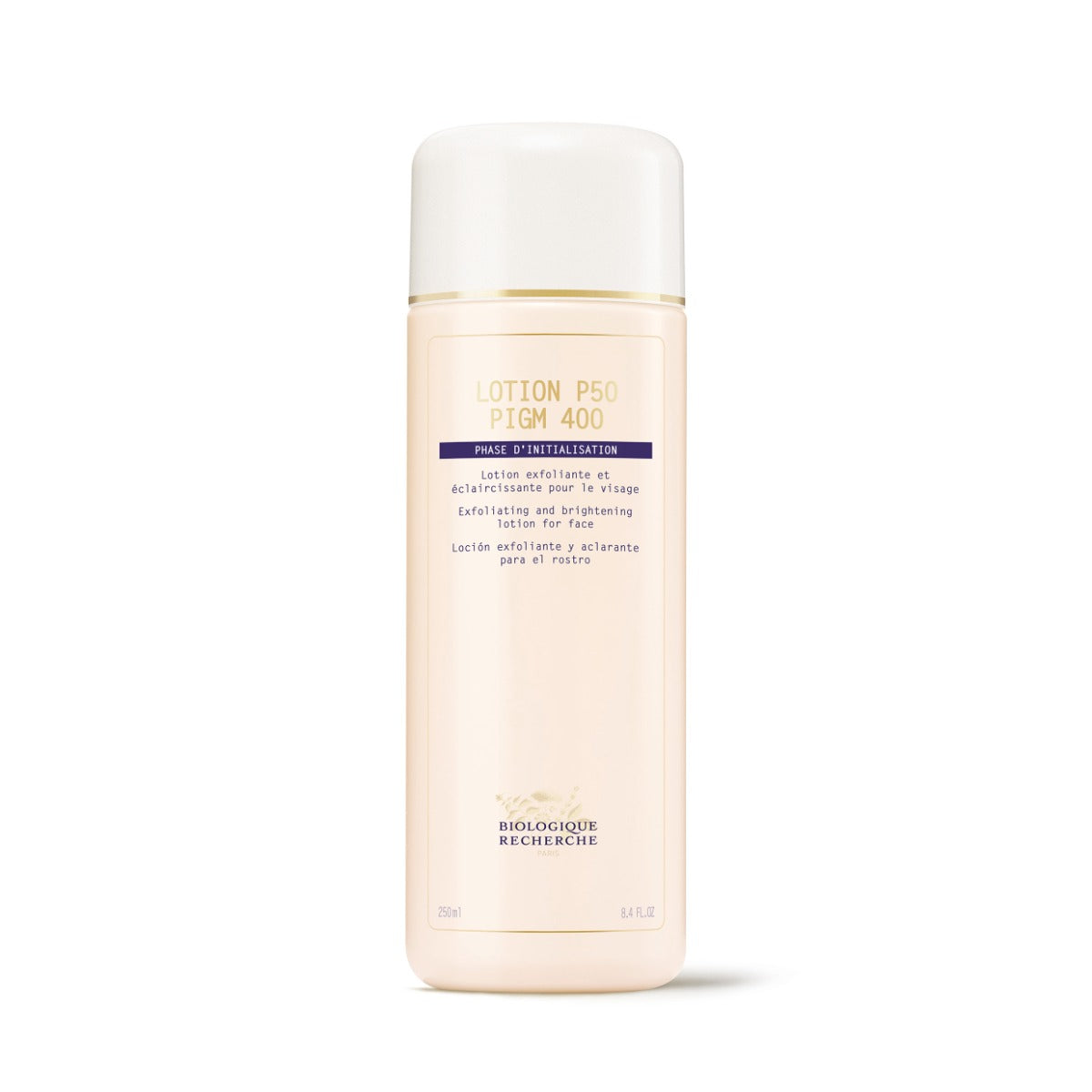 Biologique Recherche Lotion P50 PIGM 400 in 8.4 fl.oz size, shown as a tall white bottle with a blue and gold label, displayed upright on a clean white background. A brightening and exfoliating toner designed to target dark spots, even skin tone, and promote a radiant complexion.