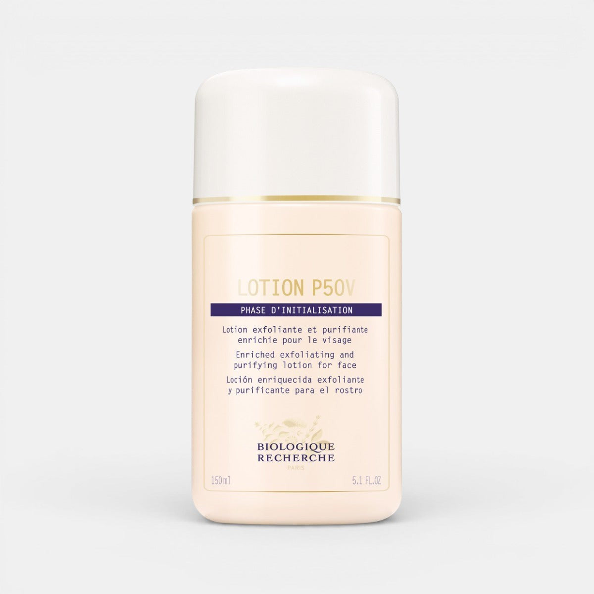 Lotion P50V exfoliating toner, 5.1 fl.oz. Medium white plastic bottle labeled "Lotion P50V" with dark blue text on a clean white background. This vitamin-enriched toner gently exfoliates dead skin cells, balances pH, hydrates, and refines skin texture, ideal for normal to dry and mature skin types.
