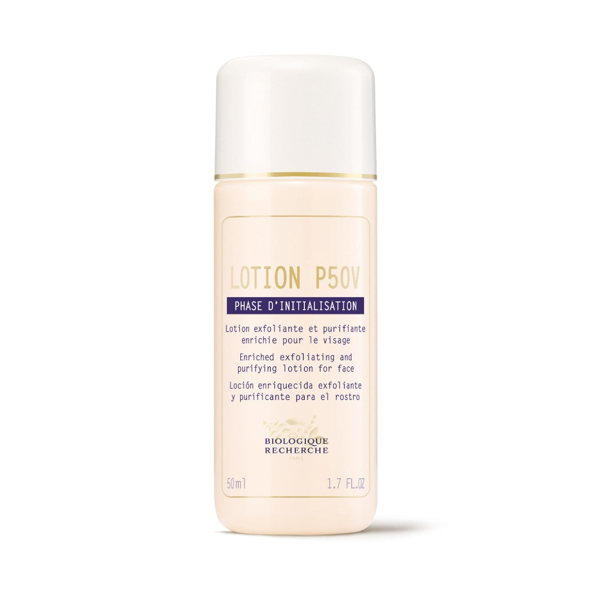 Lotion P50V exfoliating toner, 1.7 fl.oz. Small white plastic bottle labeled "Lotion P50V" with dark blue text on a clean white background. This vitamin-enriched toner gently exfoliates dead skin cells, balances pH, hydrates, and refines skin texture, ideal for normal to dry and mature skin types.