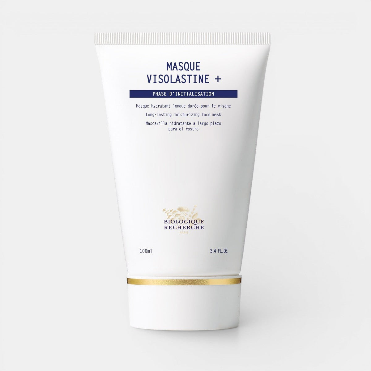 Biologique Recherche Masque Visolastine+ – deeply hydrating mask for dry and sensitive skin. White tube with bl ue branded letters, pictured on a white backround