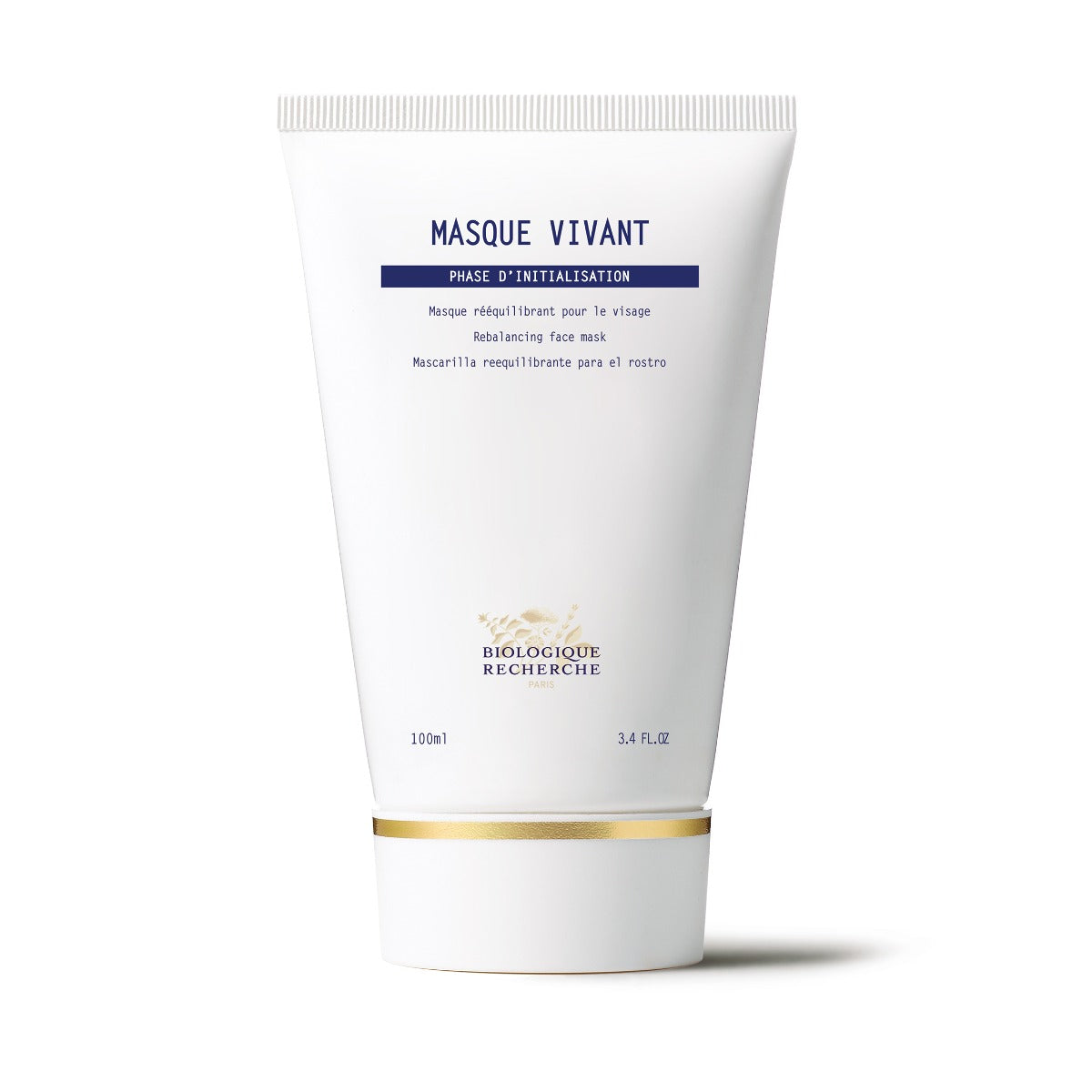 White tube of Biologique Recherche Masque Vivant labeled with blue and gold branding, displayed upright on a white background. This purifying and balancing facial mask is formulated with yeast extract, cucumber, and witch hazel to revitalize, tone, and brighten the complexion—ideal for oily, combination, and dull skin types.