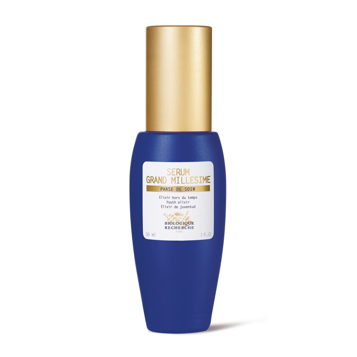 Biologique Recherche Sérum Grand Millésime (1.0 fl.oz) – A sleek blue serum bottle with a gold cap, elegantly displayed on a clean white background.
